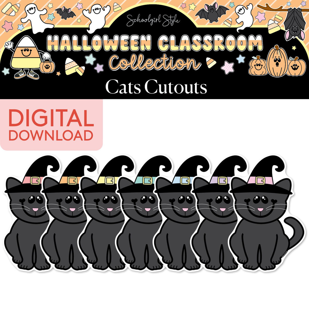 Printable Pastel Halloween Cats Cutouts