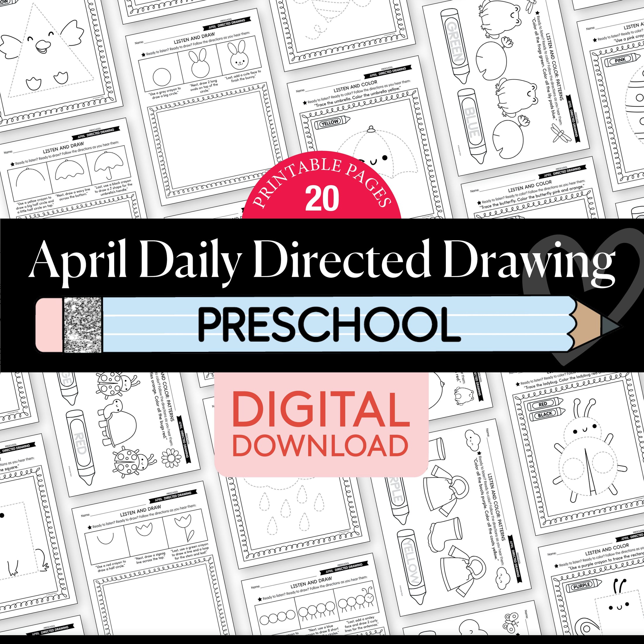 Printable Preschool April Directed Drawing Worksheets