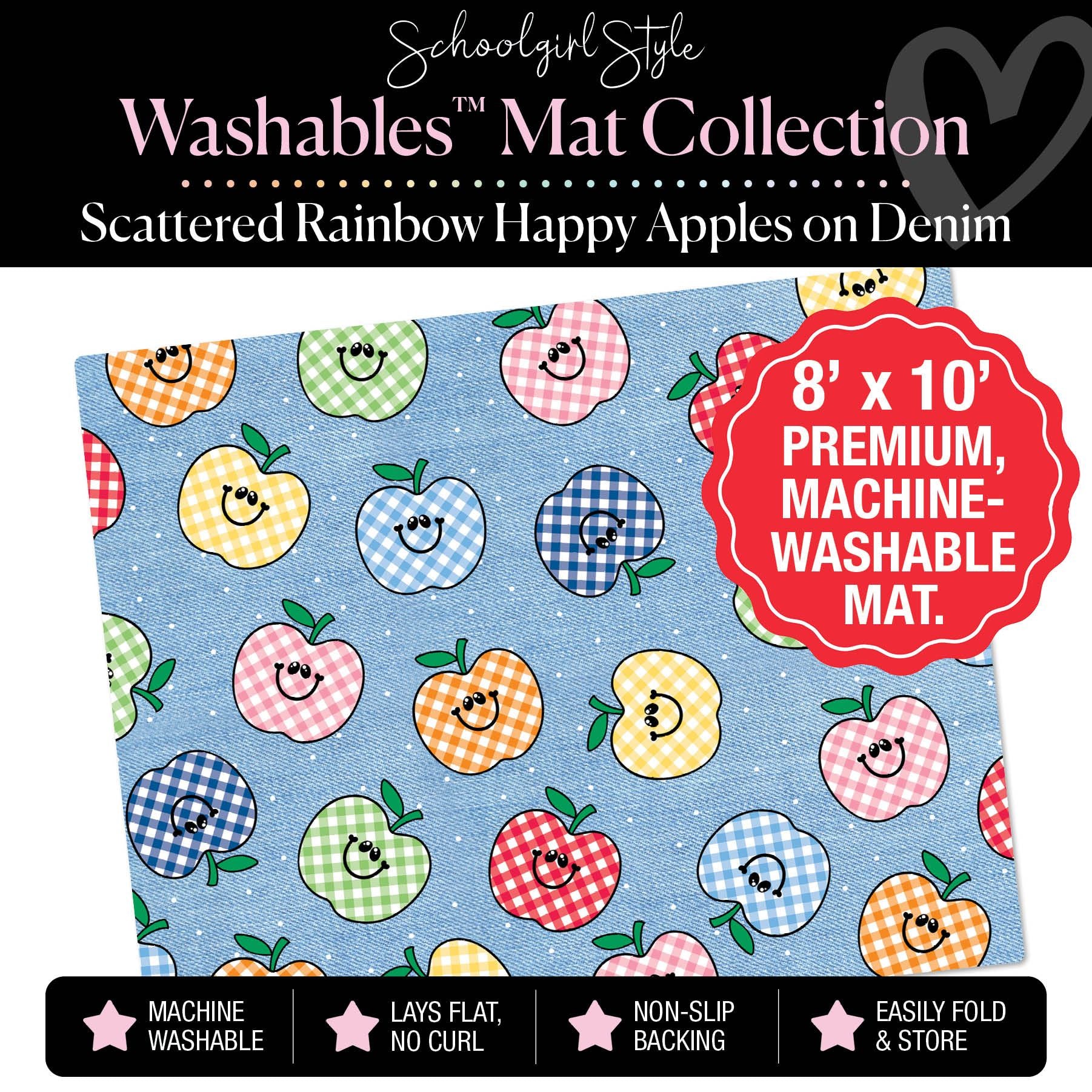 Scattered Rainbow Happy Apples on Denim Classroom Mat by Schoolgirl Style