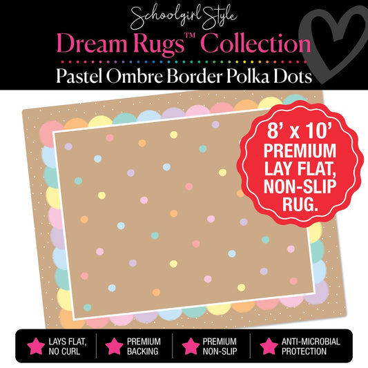 Scattered Pastel Polka Dots with Pastel Ombre Border on Kraft Background Classroom Rug by Schoolgirl Style