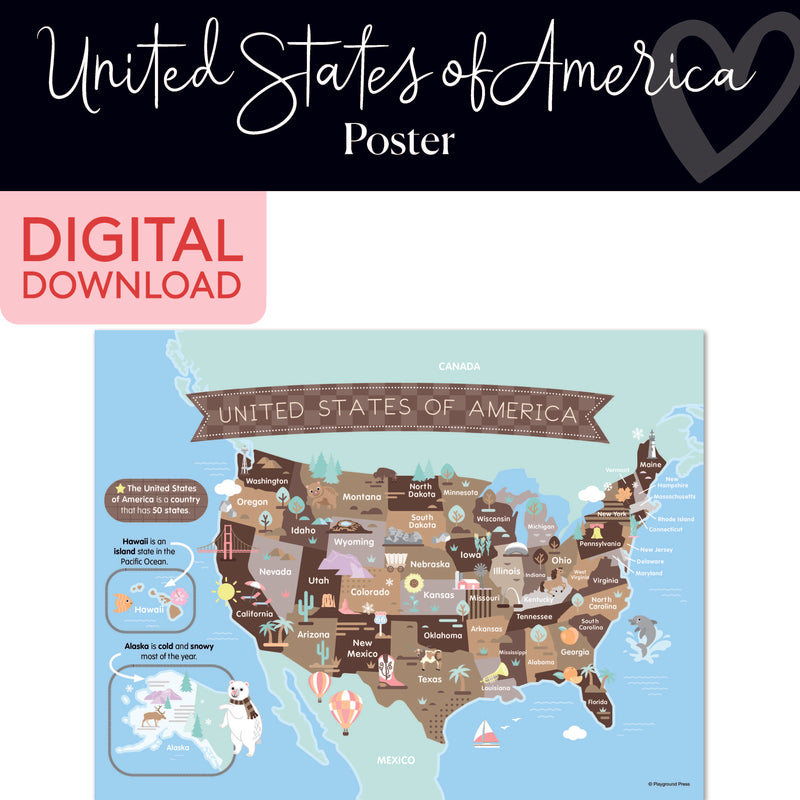 United States of America Map | Classroom Posters | Printable Classroom Decor | Schoolgirl Style