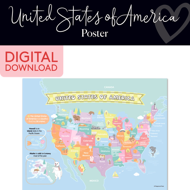 United States of America Map | Classroom Posters | Printable Classroom Decor | Schoolgirl Style