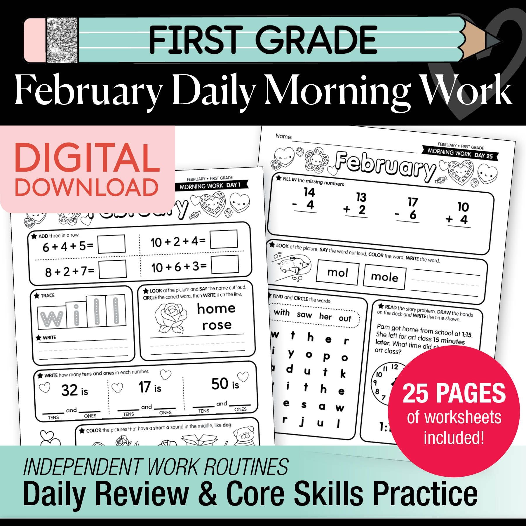 Printable First Grade February Daily Morning Work