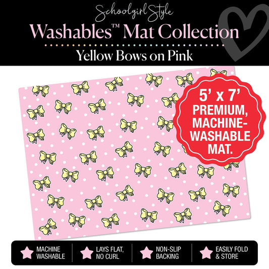 Pencil Bows on Pink Polka Dot Background Classroom Mat by Schoolgirl Style