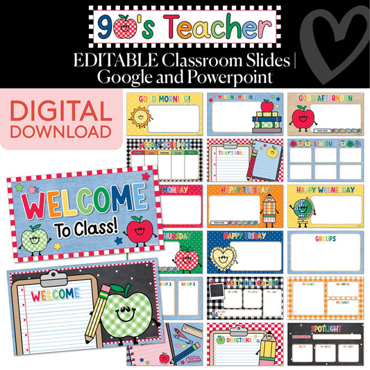 Printable Retro Editable Google & PowerPoint Classroom Slides | 90s Teacher