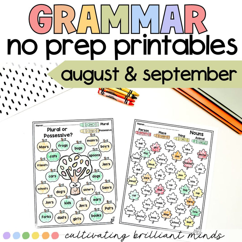 Fall Grammar No Prep Printable Worksheets | Autumn Printables | K, First Grade
