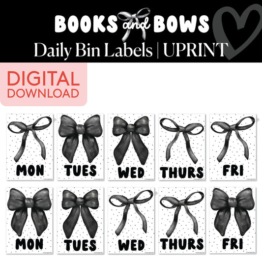 Black and White Printable Daily Bin Labels | Books and Bows
