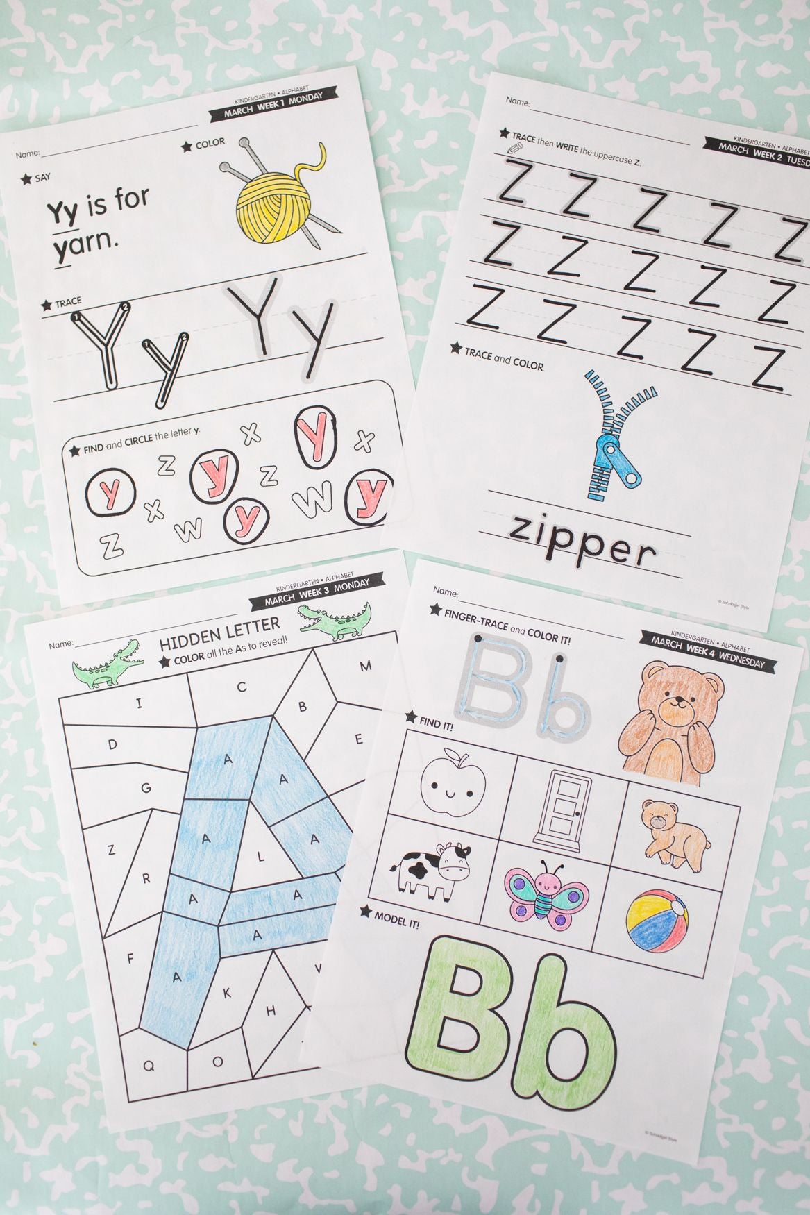 Printable Kindergarten March Daily Alphabet (Y, Z, & Full Alphabet Review)