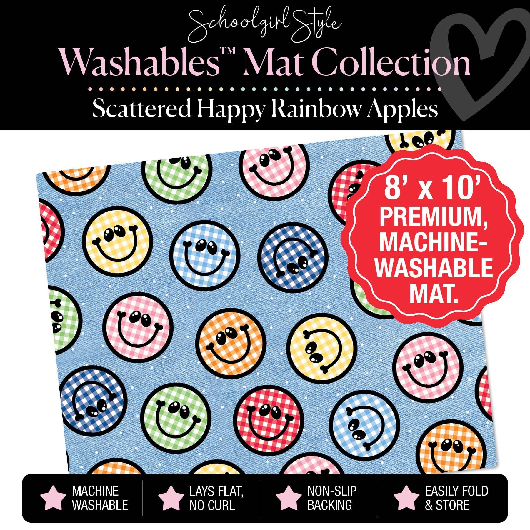 Scattered Rainbow Gingham Happy Faces on Denim Classroom Mat by Schoolgirl Style