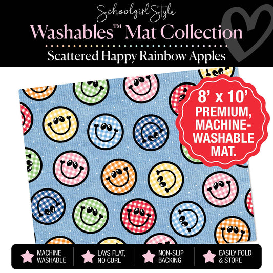 Scattered Rainbow Gingham Happy Faces on Denim Classroom Mat by Schoolgirl Style