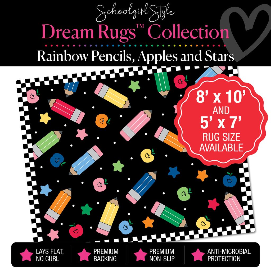 Scattered Pencils, Happy Apples and Rainbow Stars with Checkerboard Border Classroom Rug by Schoolgirl Style
