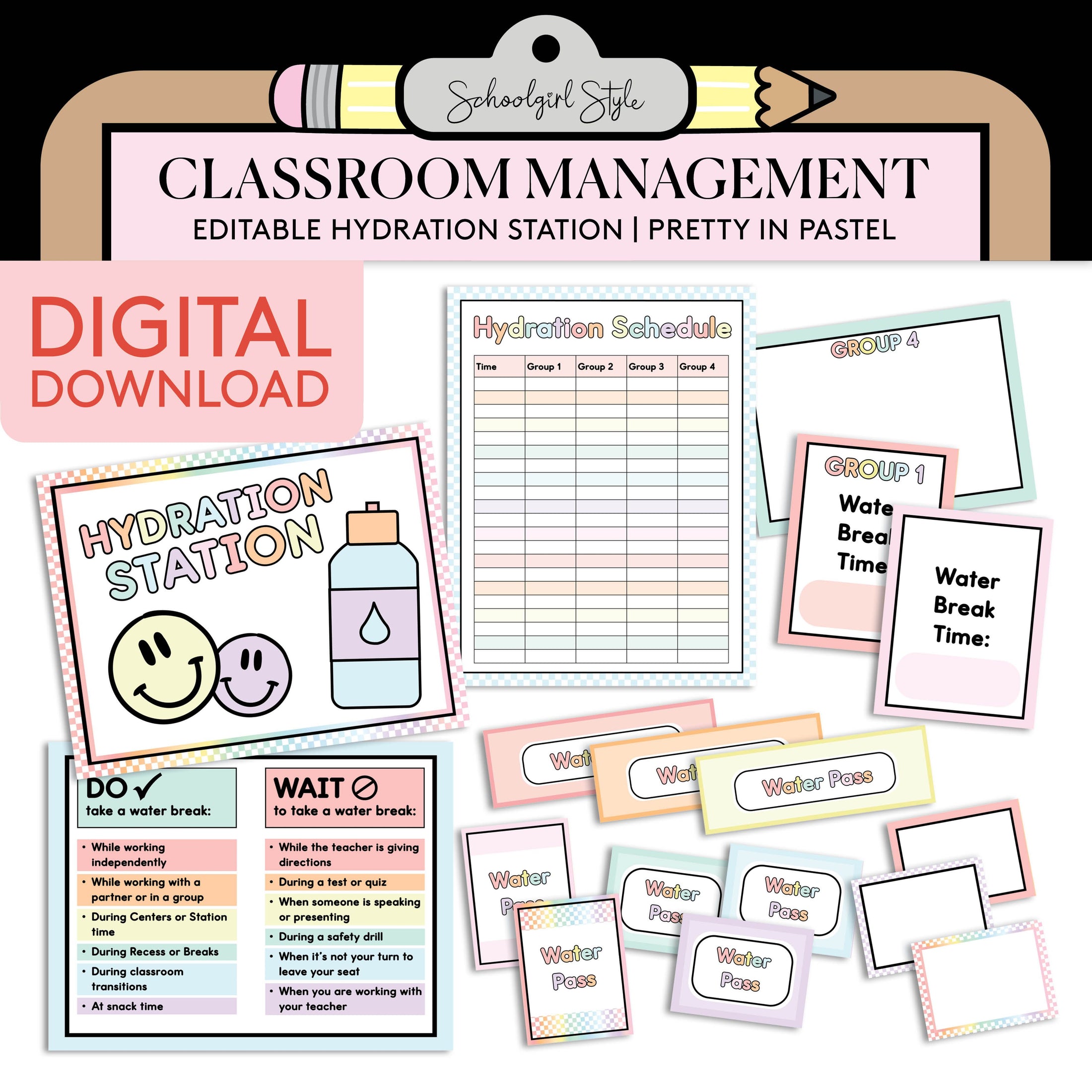 Printable Editable Pastel Hydration Station – Classroom Water Bottle Management System
