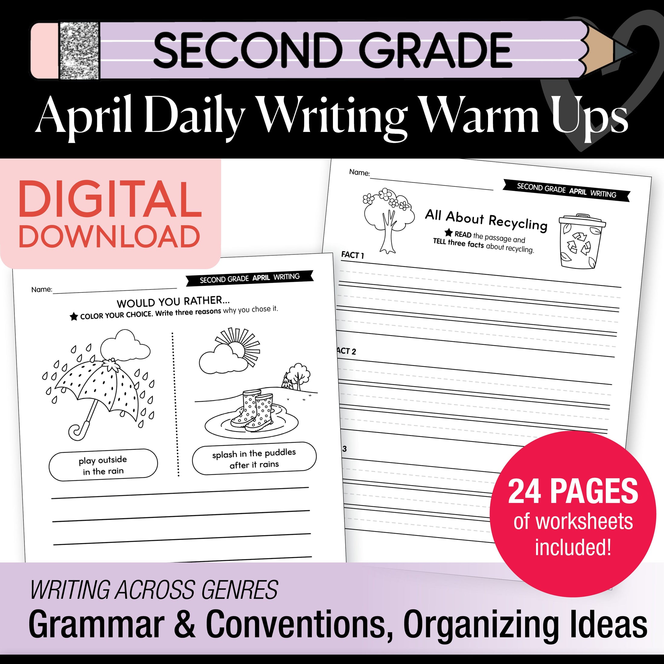 Printable Second Grade April Daily Writing Warm Ups