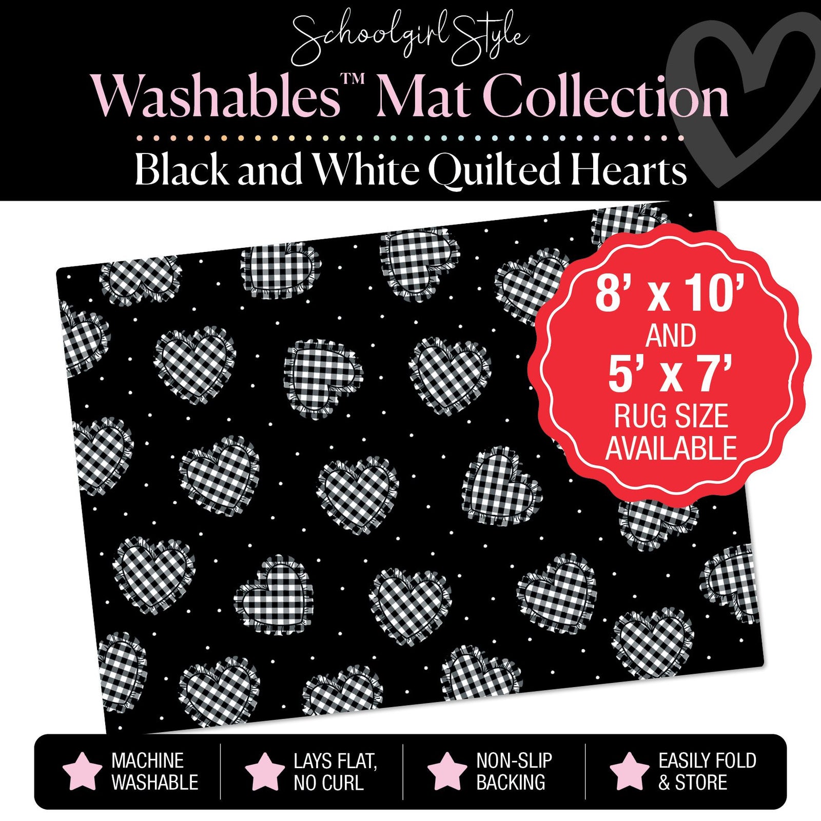 Quilted Ruffle Hearts on Black Polka Dot Background Classroom Mat by Schoolgirl Style