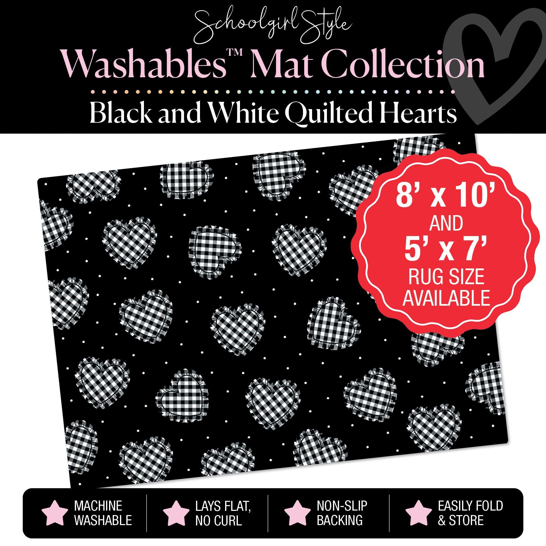 Quilted Ruffle Hearts on Black Polka Dot Background Classroom Mat by Schoolgirl Style