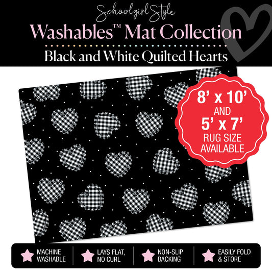 Quilted Ruffle Hearts on Black Polka Dot Background Classroom Mat by Schoolgirl Style