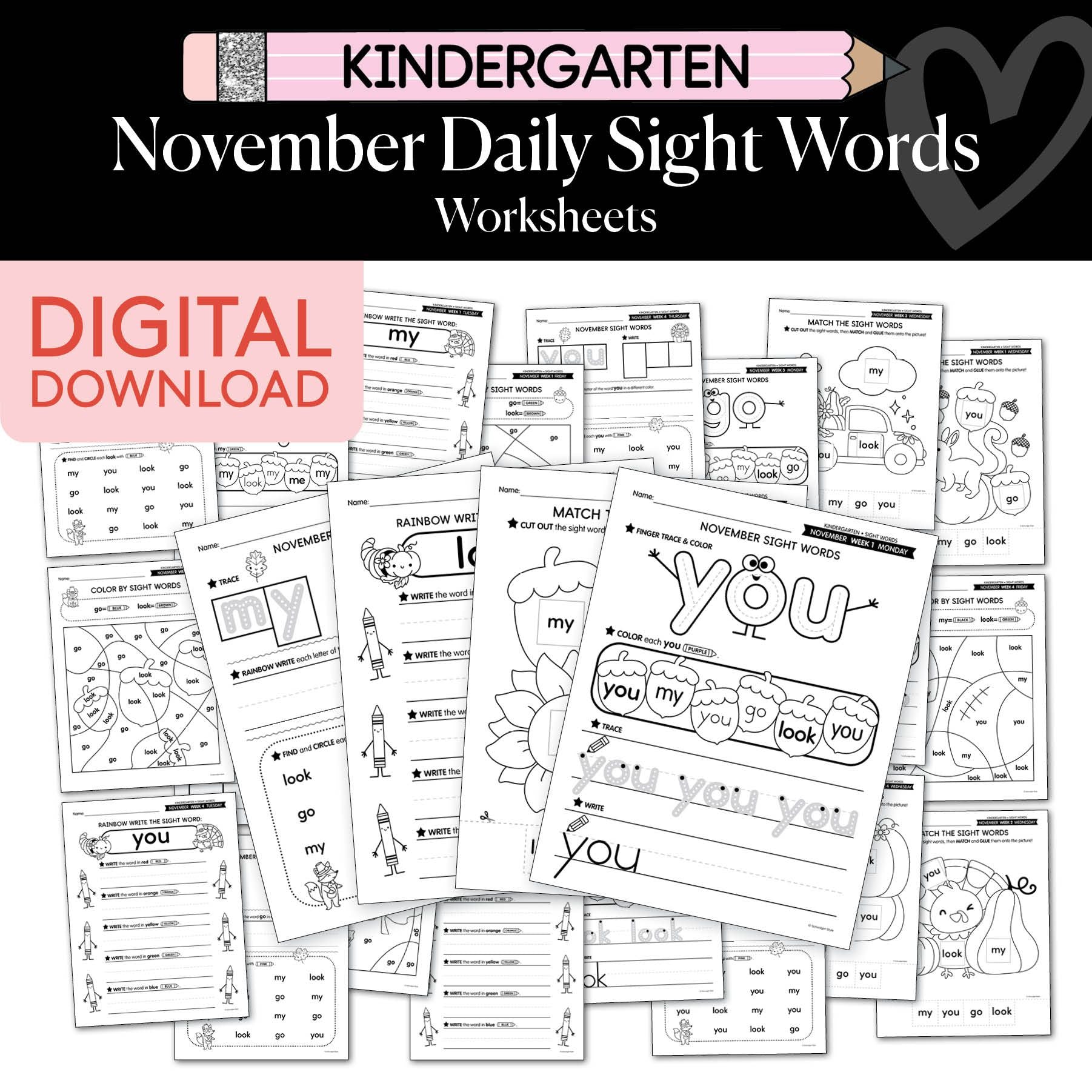 Printable Kindergarten November Daily Sight Words