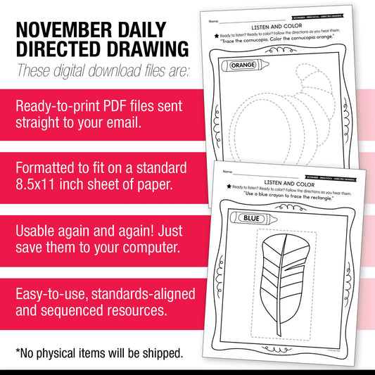 Printable Preschool November Directed Drawing Worksheets