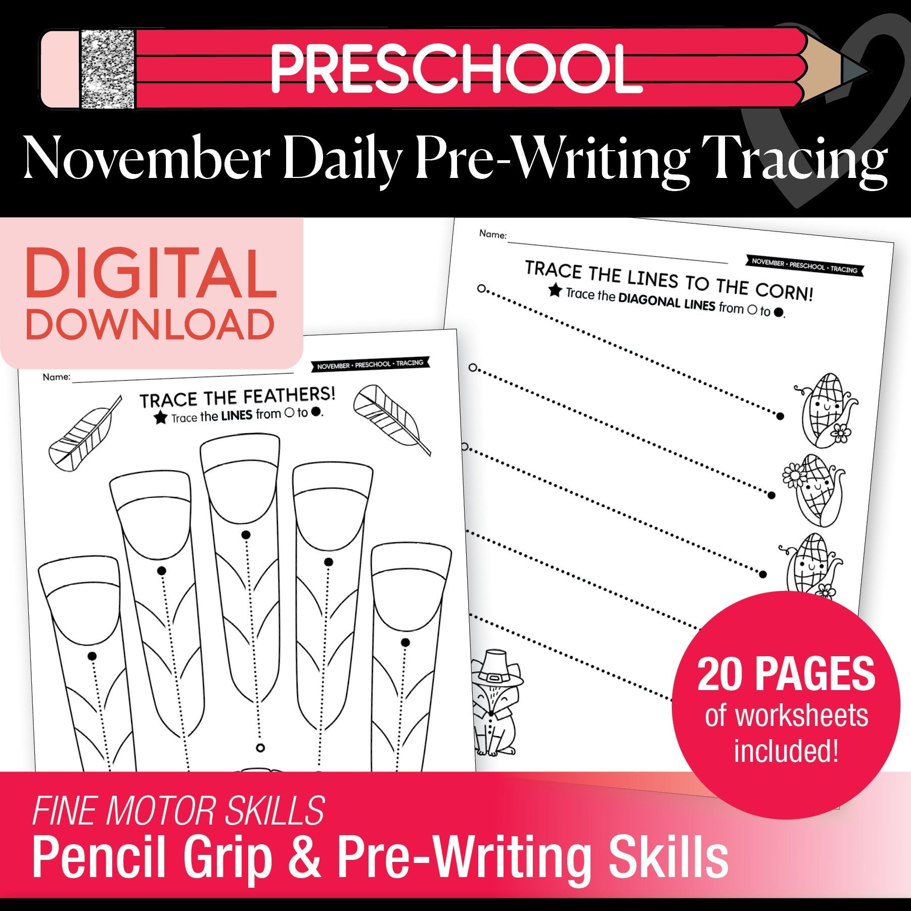 Printable Preschool November Daily Pre-Writing Tracing
