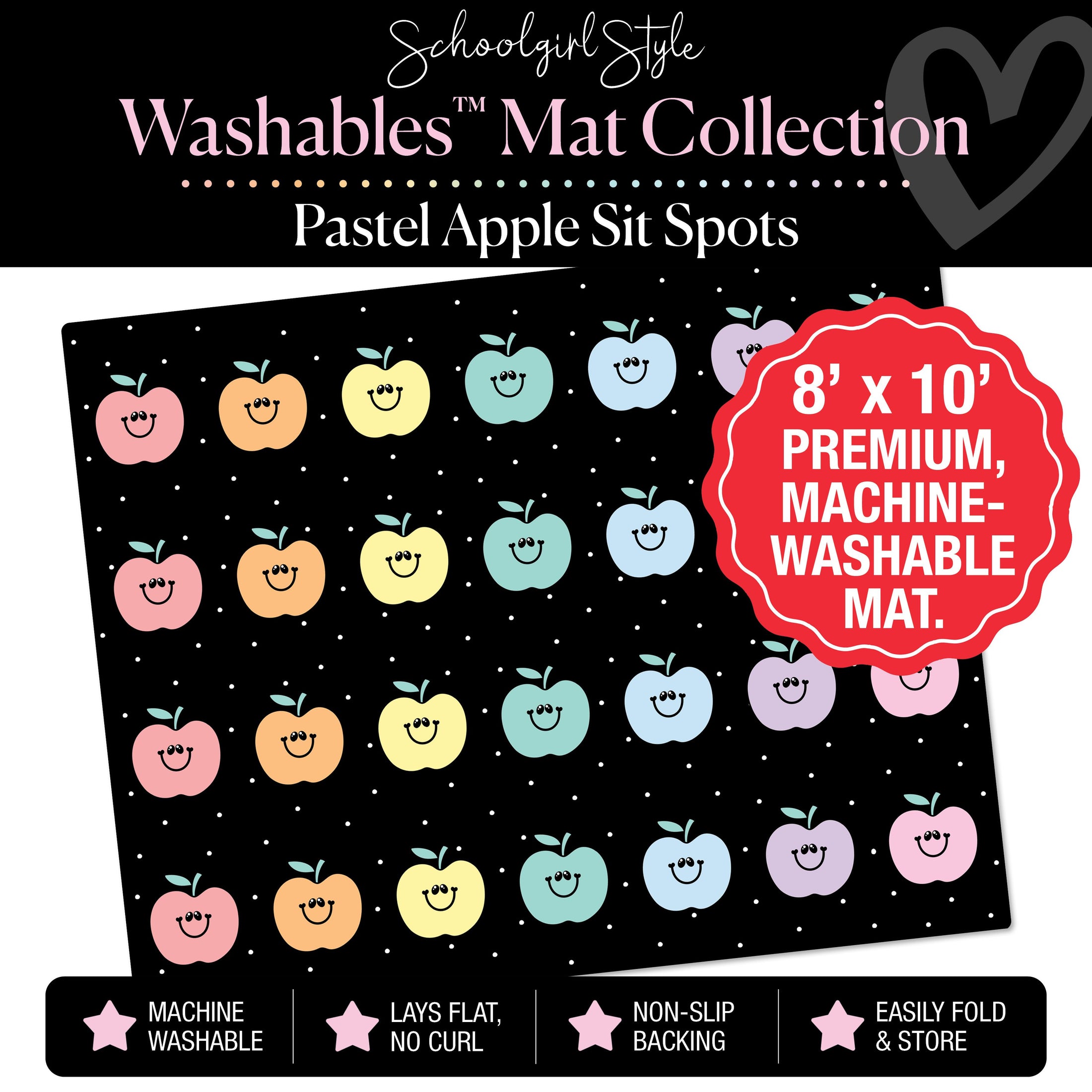 Pastel Apple Sit Spot on Black Background Classroom Mat by Schoolgirl Style