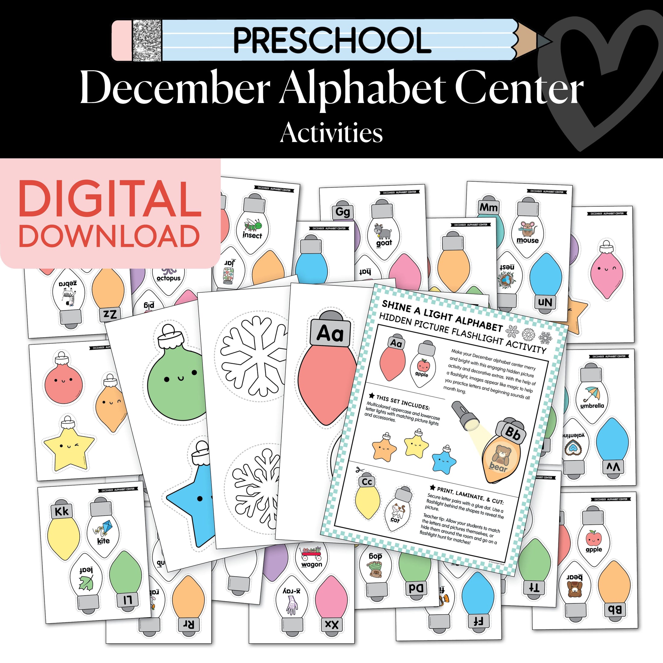 Printable Preschool December Alphabet Center Activities