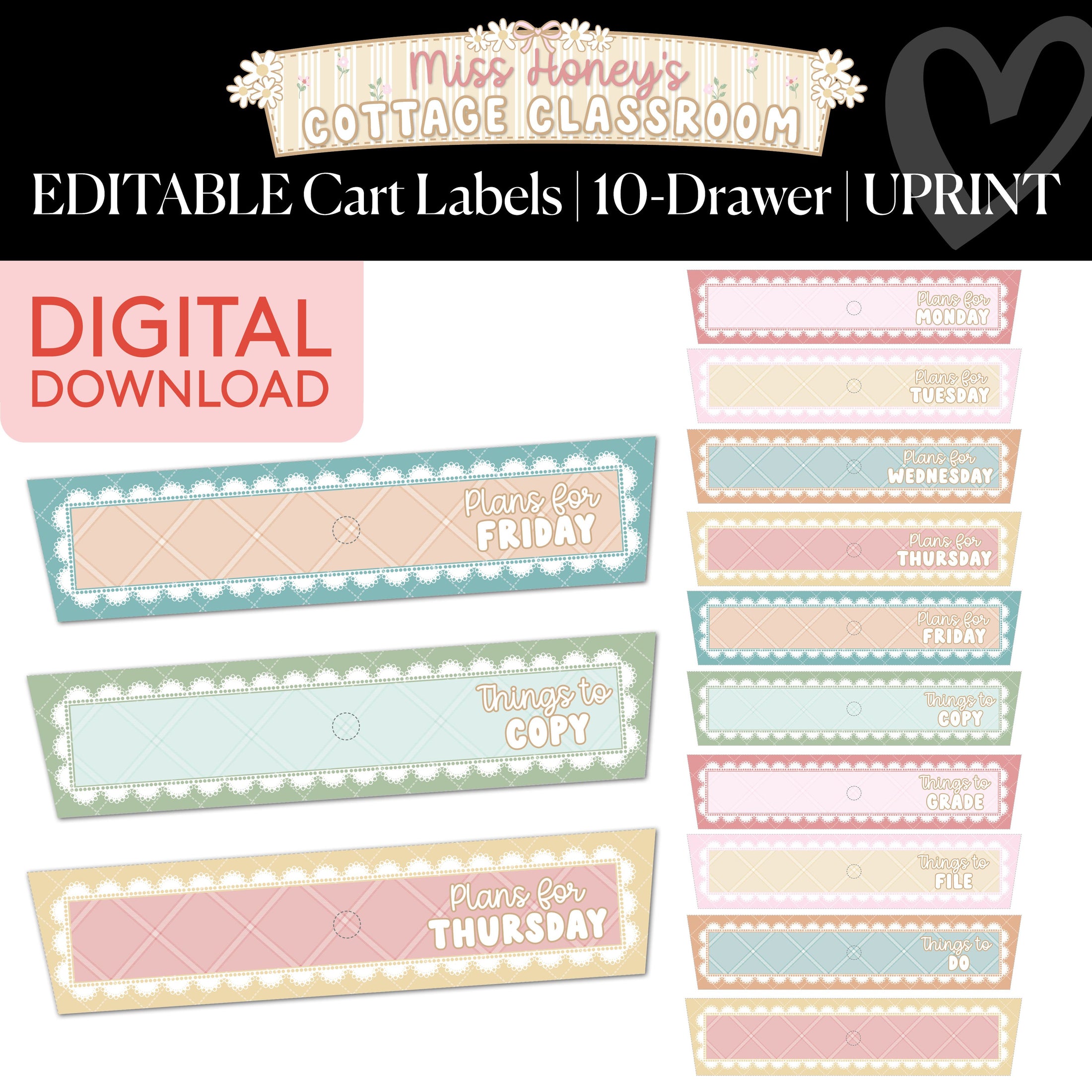 Printable Calming Editable 10 Drawer Cart Labels | Miss Honey's Cottage Classroom
