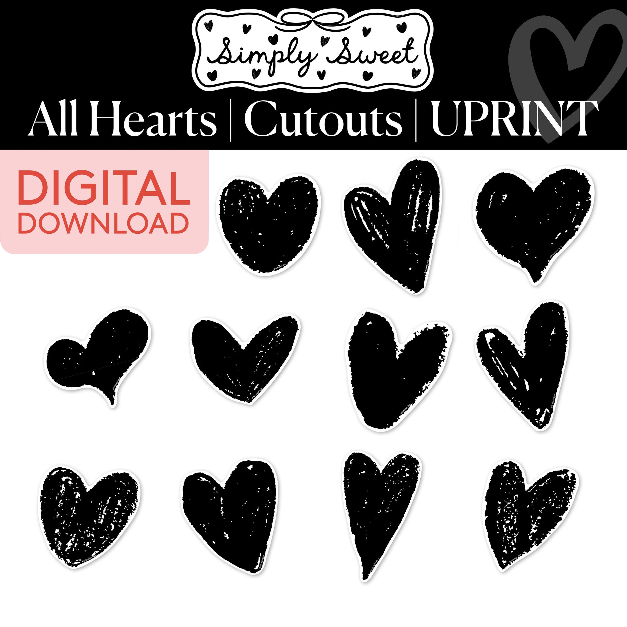Printable Classic Black and White Sketch Hearts Cutouts | Simply Sweet