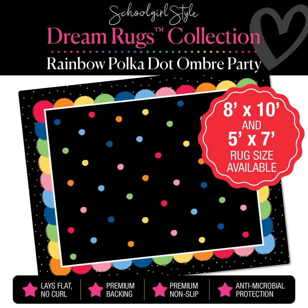 Scattered Rainbow Polka Dots with Rainbow Ombre Border on Black Background Classroom Rug by Schoolgirl Style