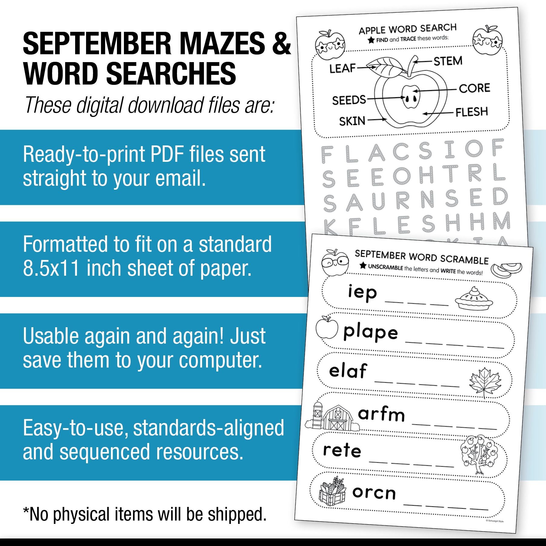 September Mazes and Word Searches