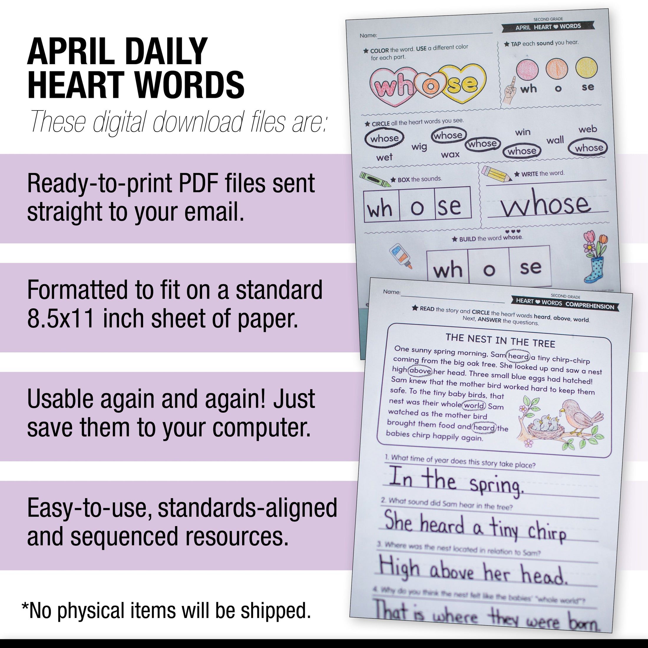 Printable Second Grade April Daily Heart Words