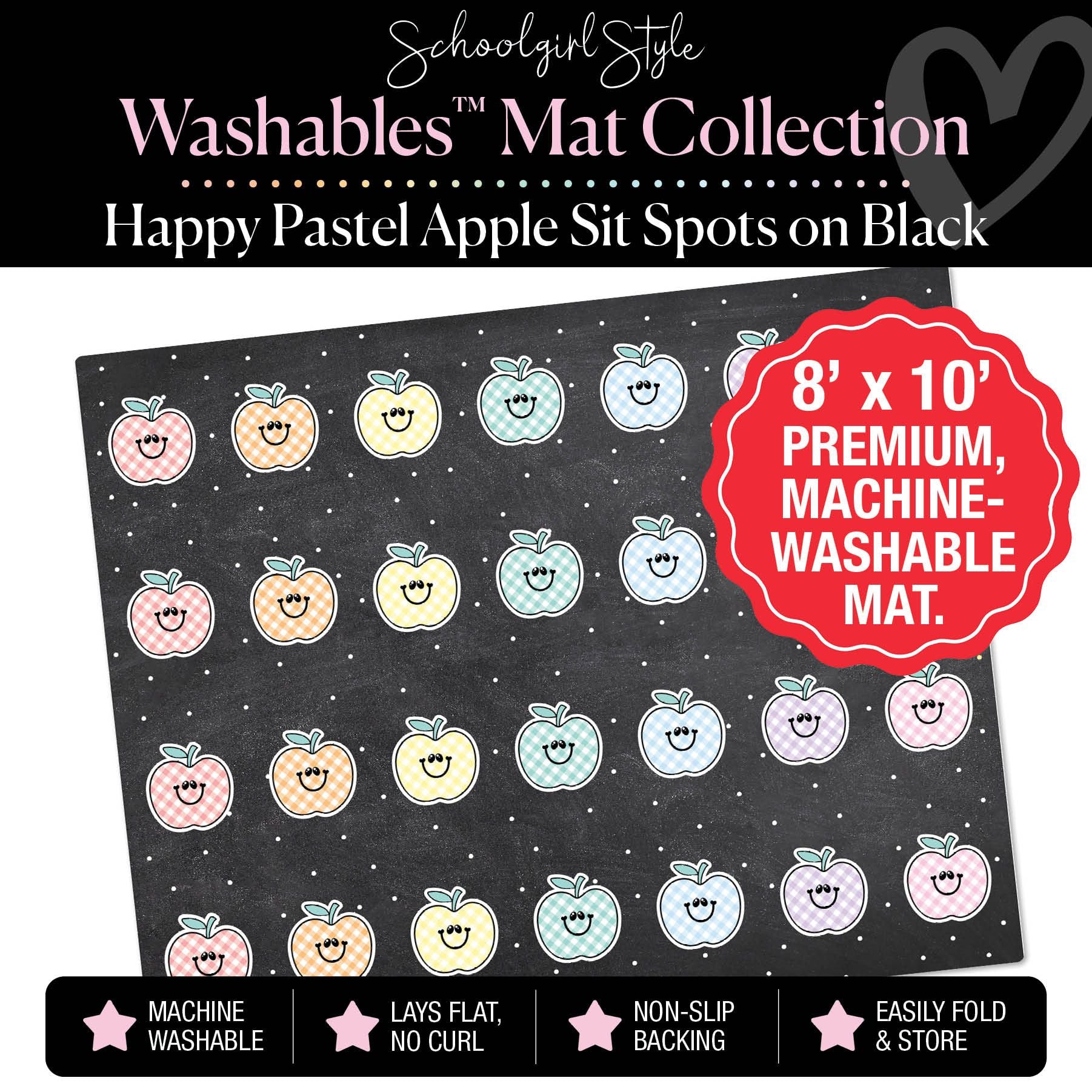 Happy Pastel Apple Sit Spots on Black Classroom Mat by Schoolgirl Style