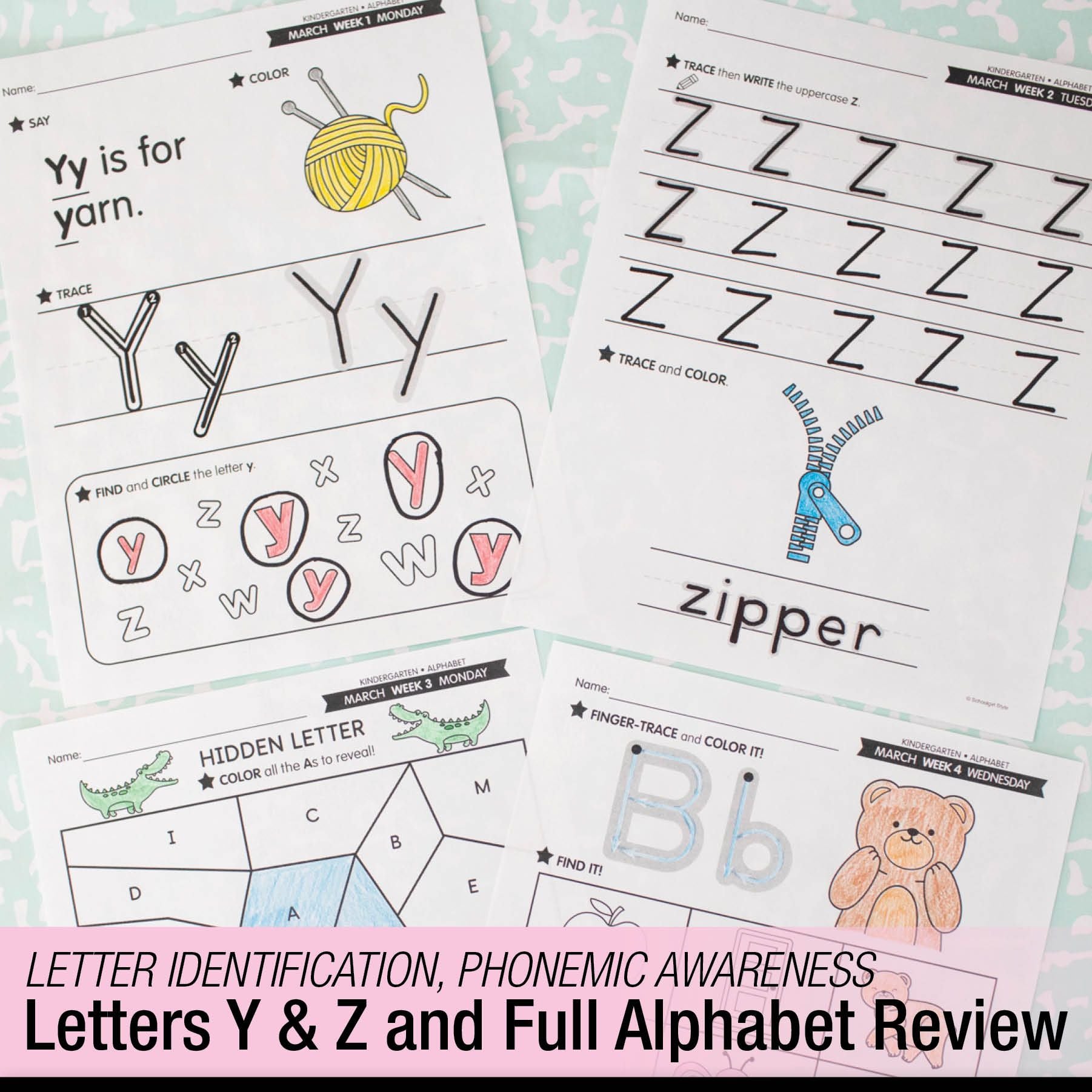 Printable Kindergarten March Daily Alphabet (Y, Z, & Full Alphabet Review)