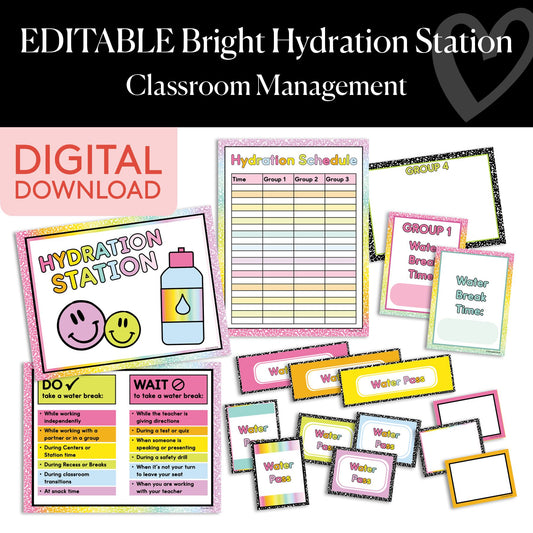 Printable Editable Bright Hydration Station – Classroom Water Bottle Management System