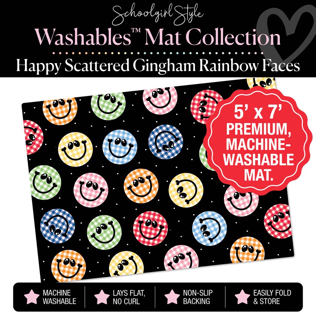 Scattered Happy Gingham Rainbow Faces on Black Classroom Mat by Schoolgirl Style