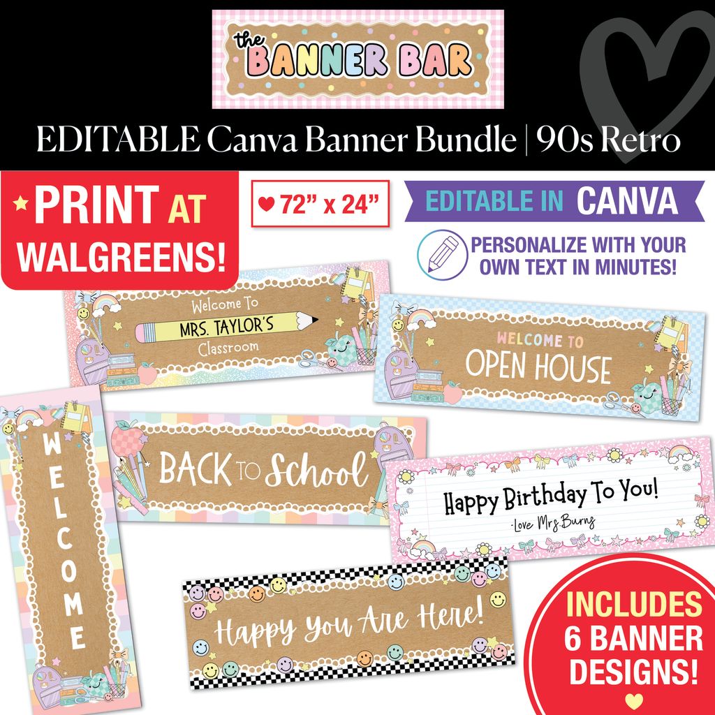 90s Editable Canva Walgreens Compatible Kraft Style Banner Bundle