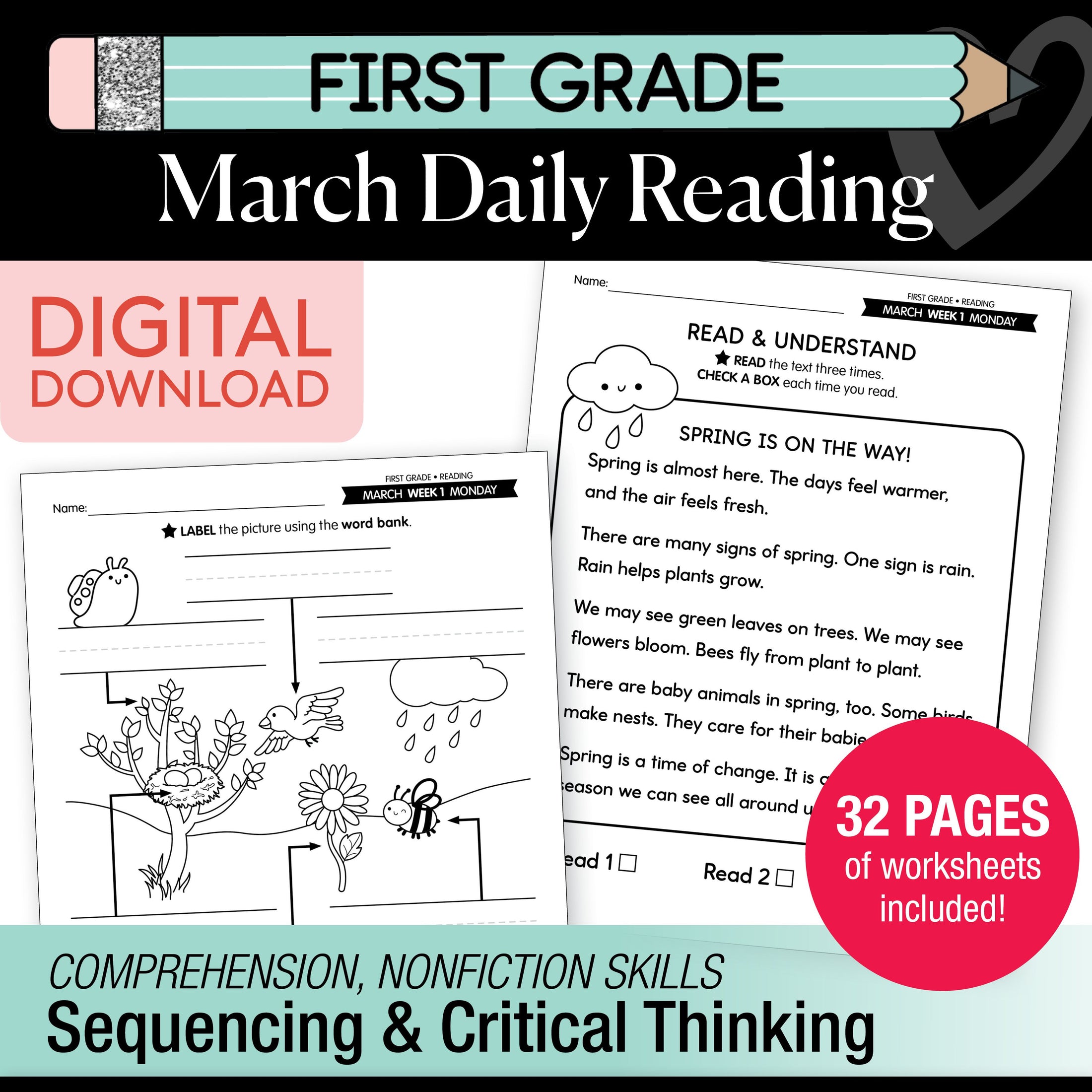 Printable First Grade March Daily Reading