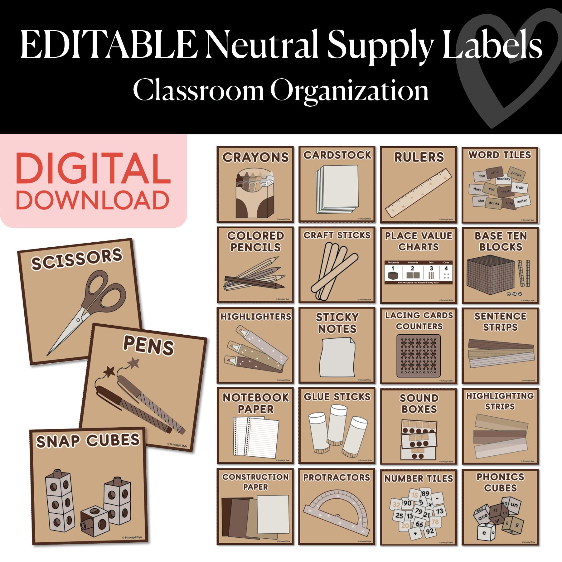 Printable Editable Neutral Classroom Supply Labels