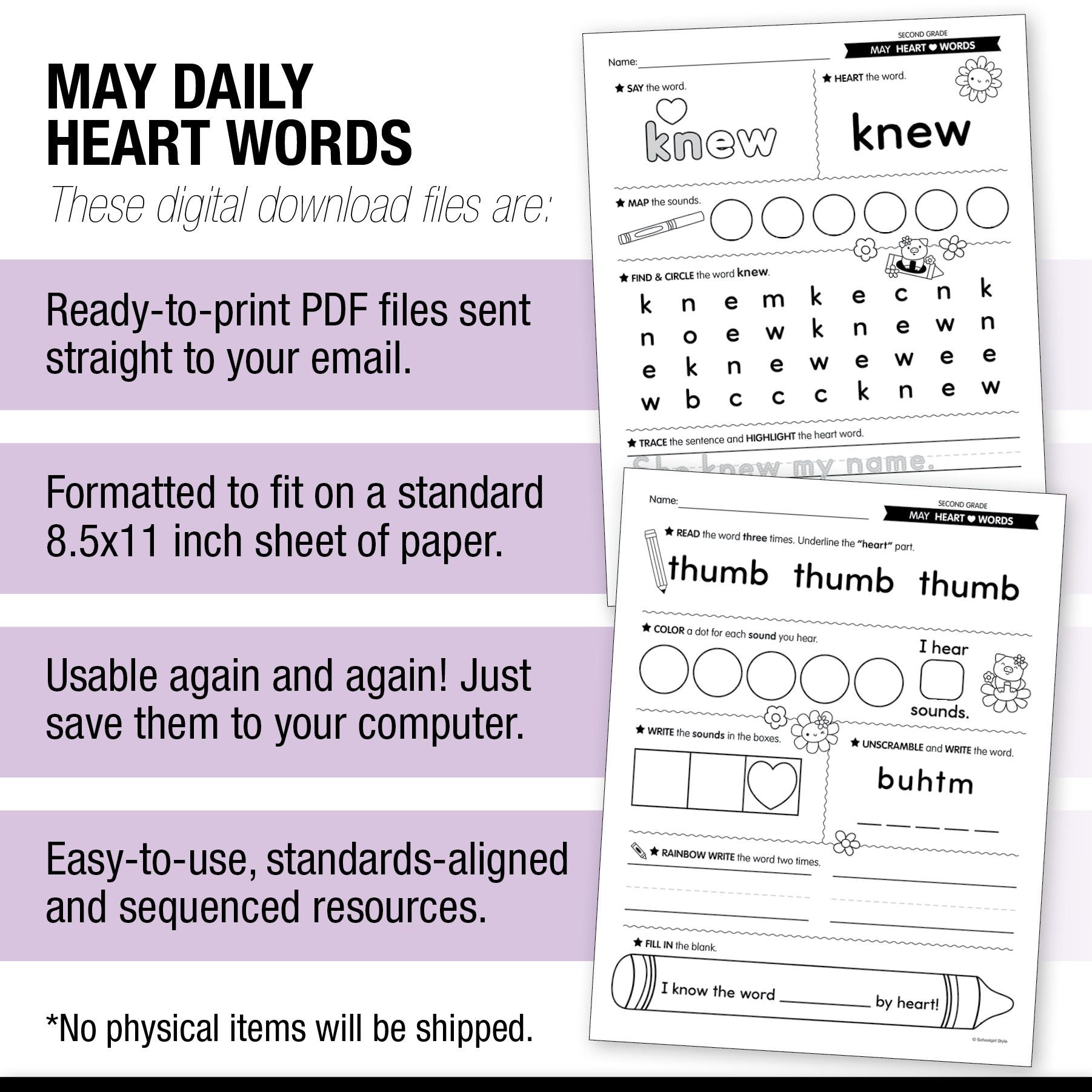 Printable Second Grade May Daily Heart Words