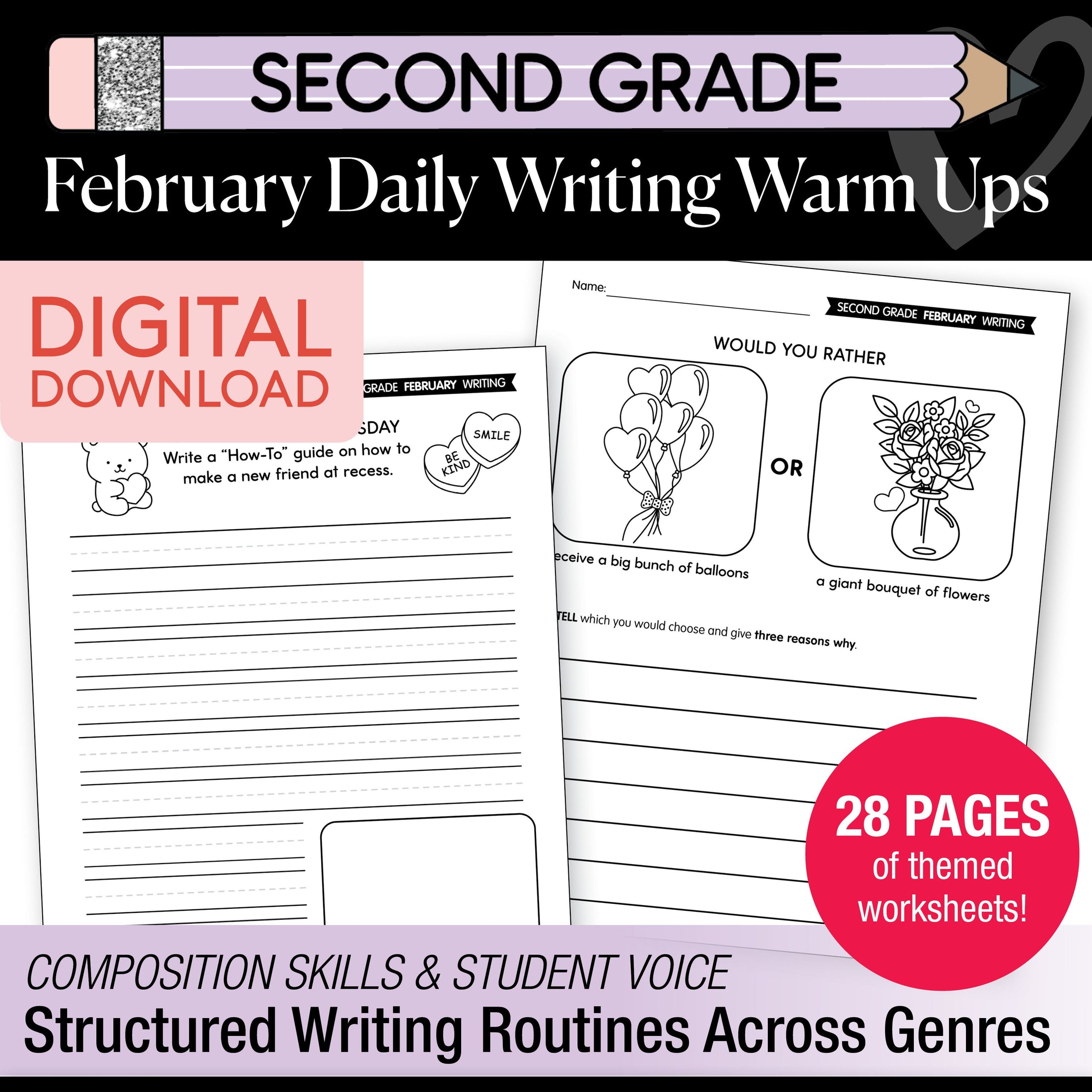 Printable Second Grade February Daily Writing Warm Ups