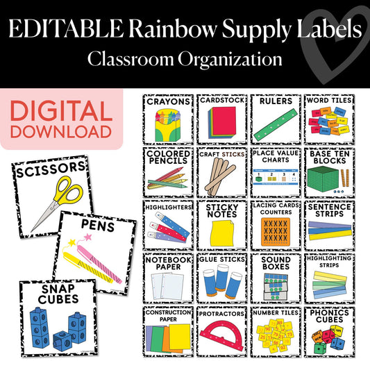 Printable Editable Rainbow Classroom Supply Labels