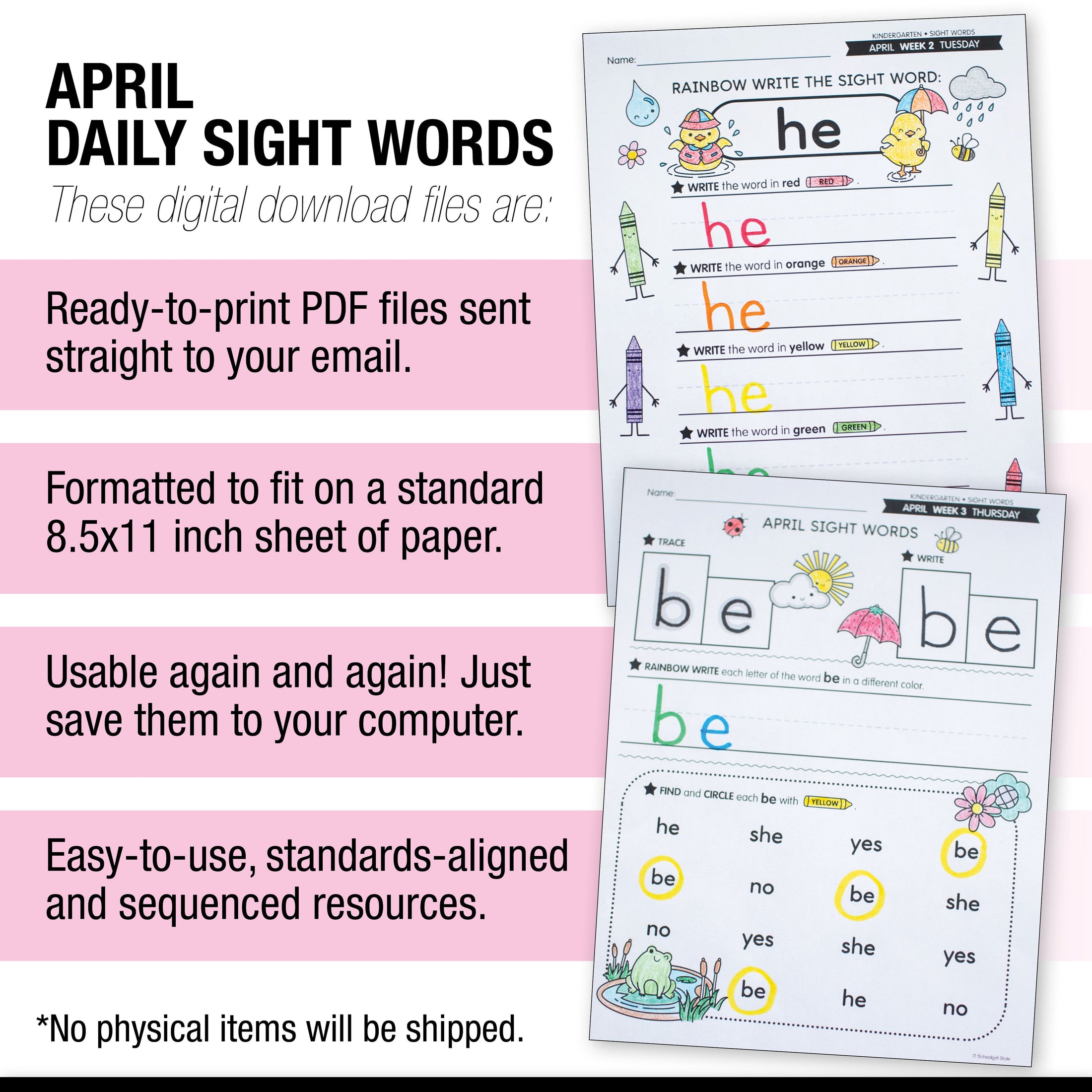 Printable Kindergarten April Daily Sight Words