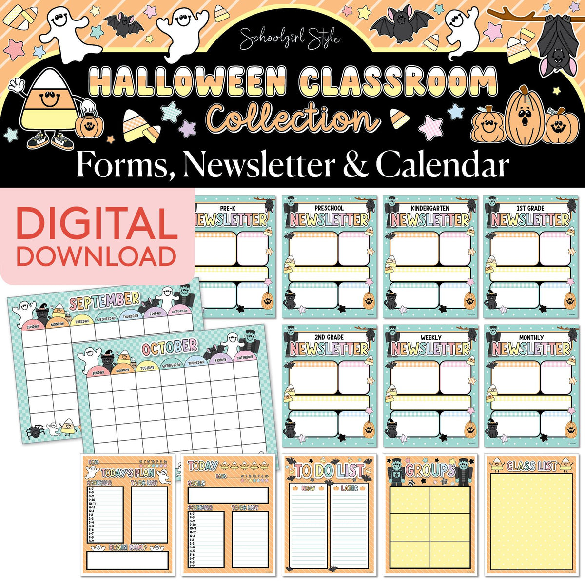 Printable Pastel Halloween Newsletters and Calendar