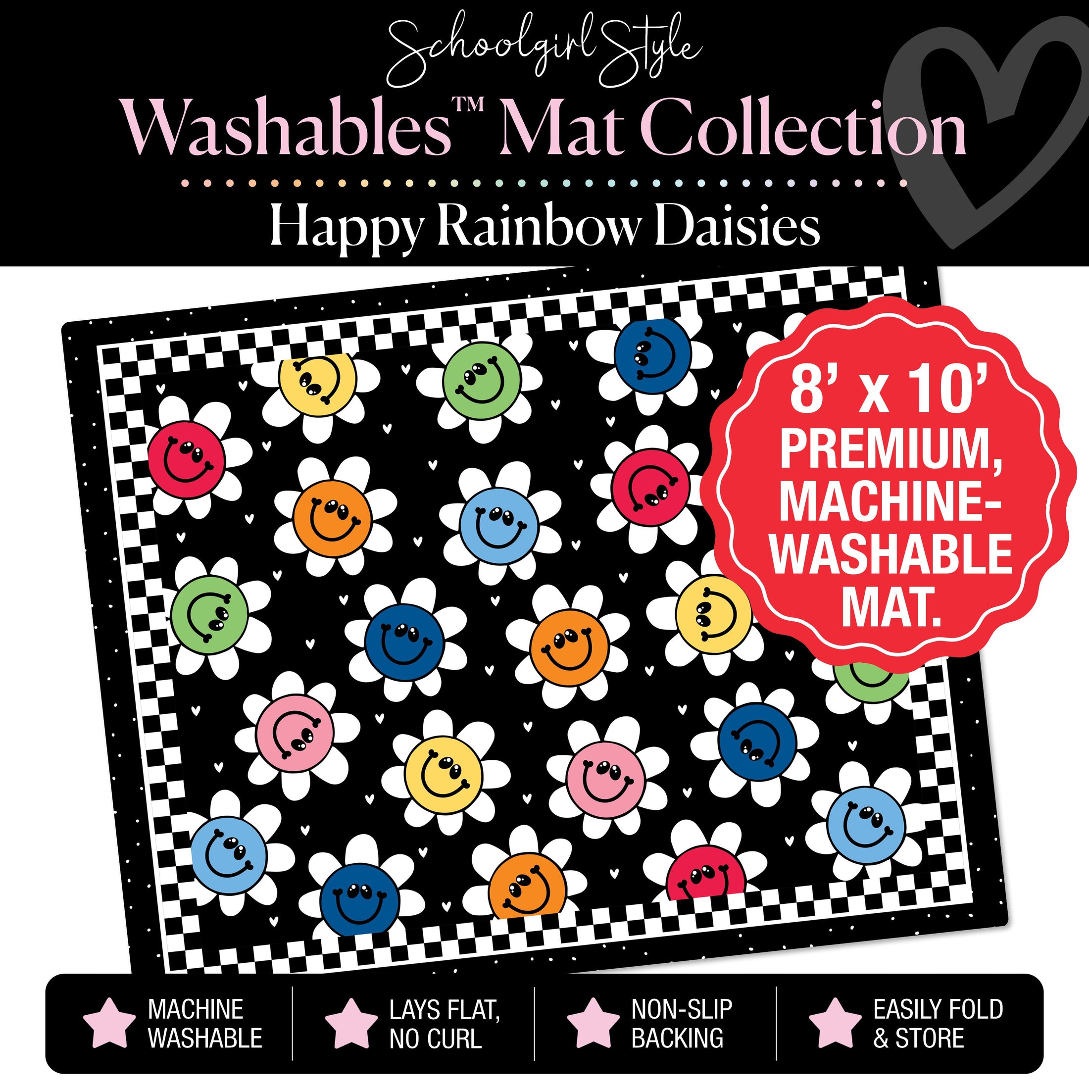 Happy Rainbow Daisies with Checkerboard Border Classroom Mat by Schoolgirl Style