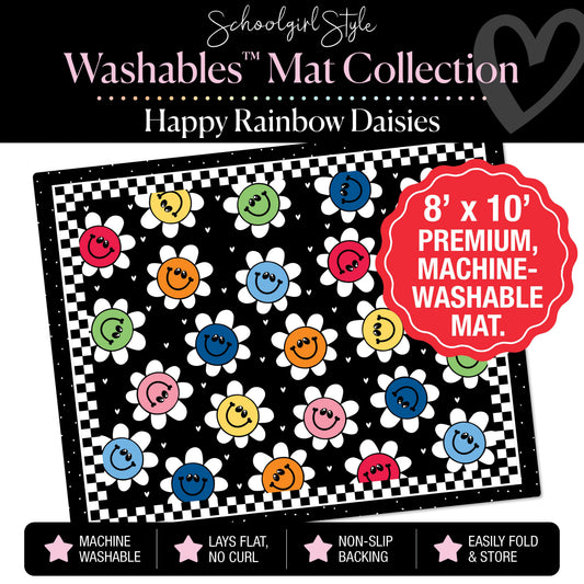 Happy Rainbow Daisies with Checkerboard Border Classroom Mat by Schoolgirl Style