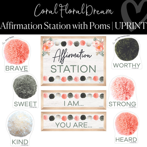 Affirmation Station with Poms UPRINT Coral Floral Dream Classroom Decor by UPRINT