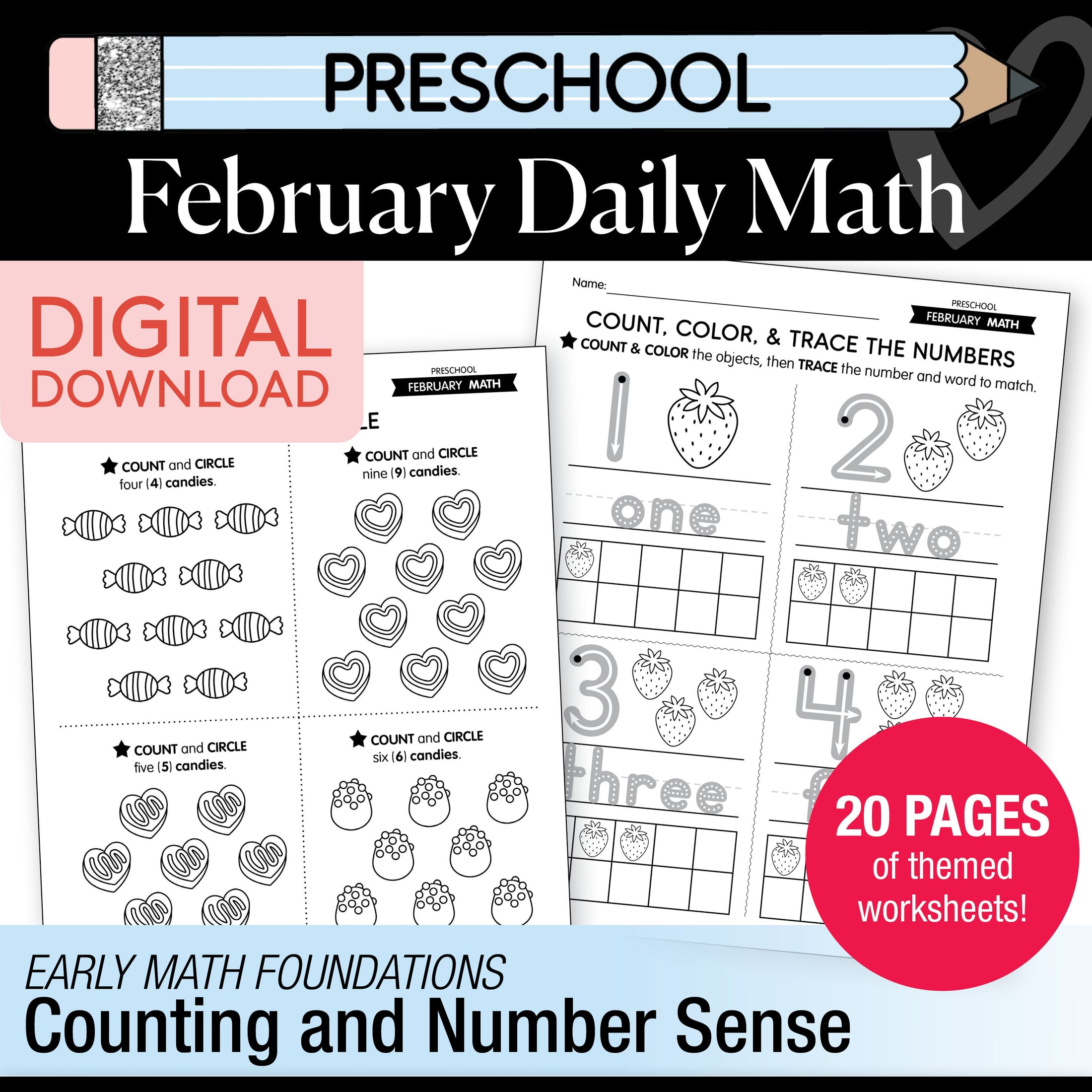 Printable Preschool February Daily Math
