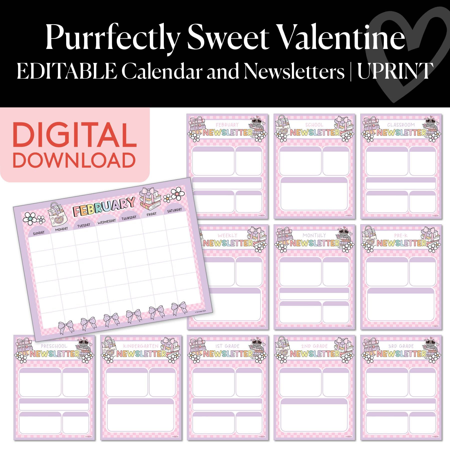 Printable Valentines Editable Calendars and Newsletters | Purrfectly Sweet Valentine