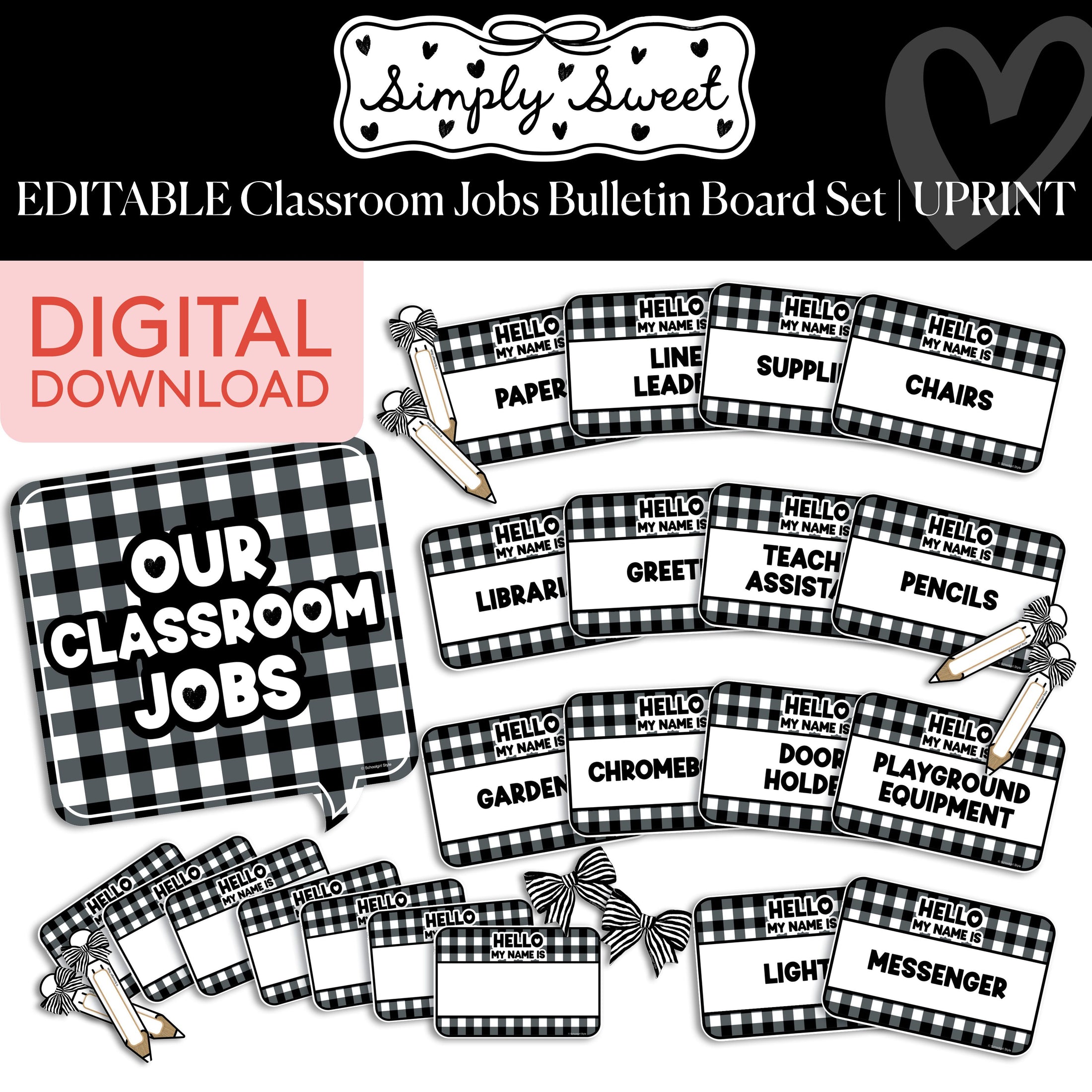 Printable Classic Black and White Editable Classroom Jobs Bulletin Board Set  | Simply Sweet