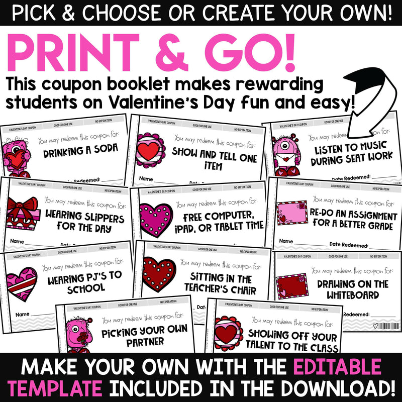 Valentines from Teacher Cards Coupon Booklet Valentine's Day Activities EDITABLE