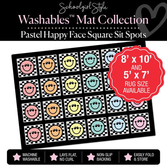 Pastel Happy Faces on Checkerboard Background Squares Sit Spot Classroom Mat by Schoolgirl Style